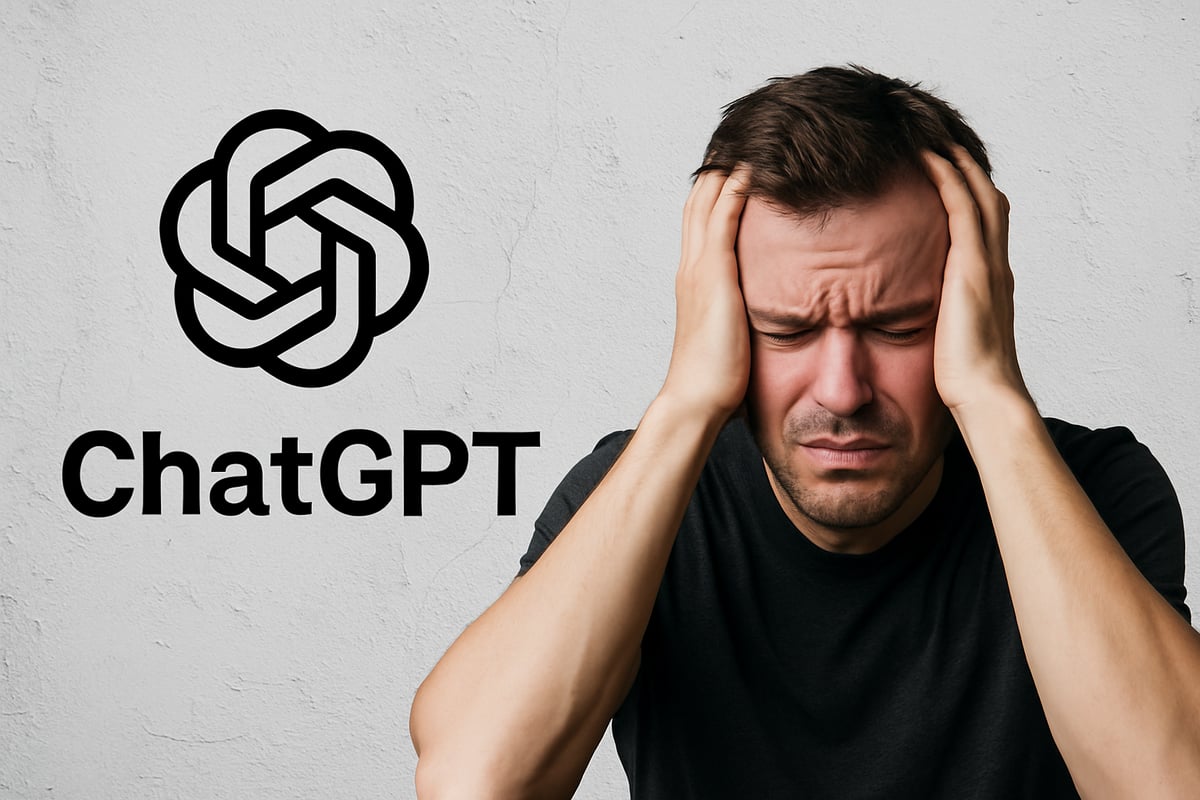 Frustrated man holding his head next to ChatGPT logo, symbolizing media panic
