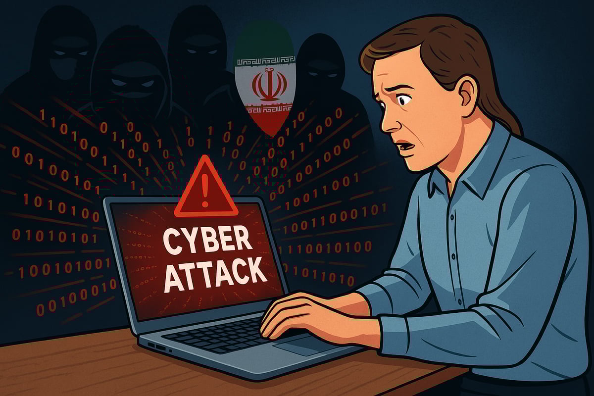 An American man at a computer facing a cyberattack with Iranian hackers in the background
