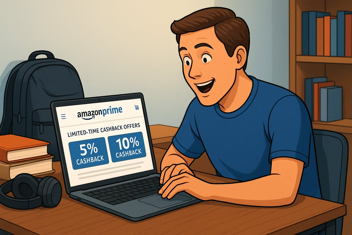 Young adult surprised by Amazon Prime cashback offers on laptop during college study session