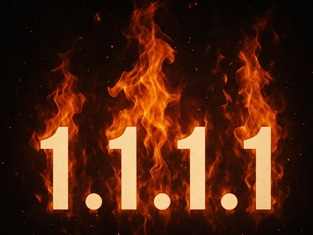 A digital image depicts the IP address 1.1.1.1 enveloped in flames