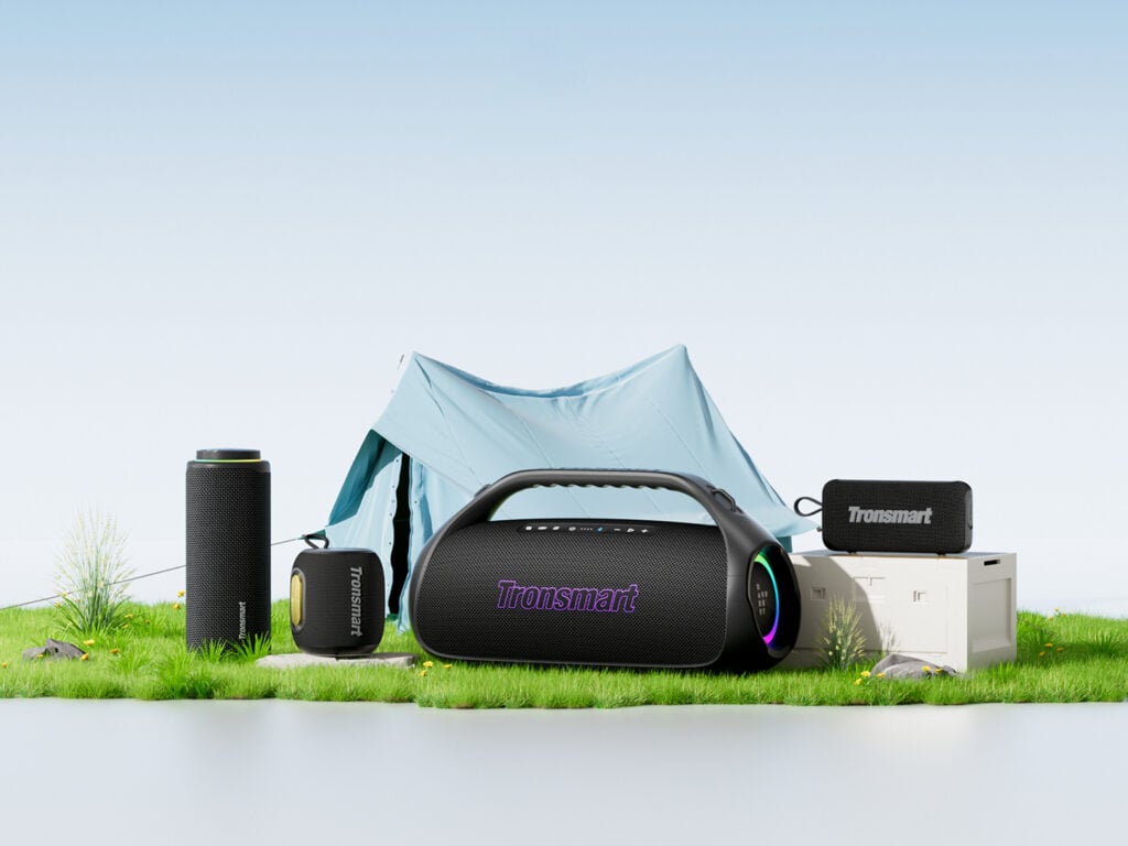 Bluetooth speakers in the grass. 