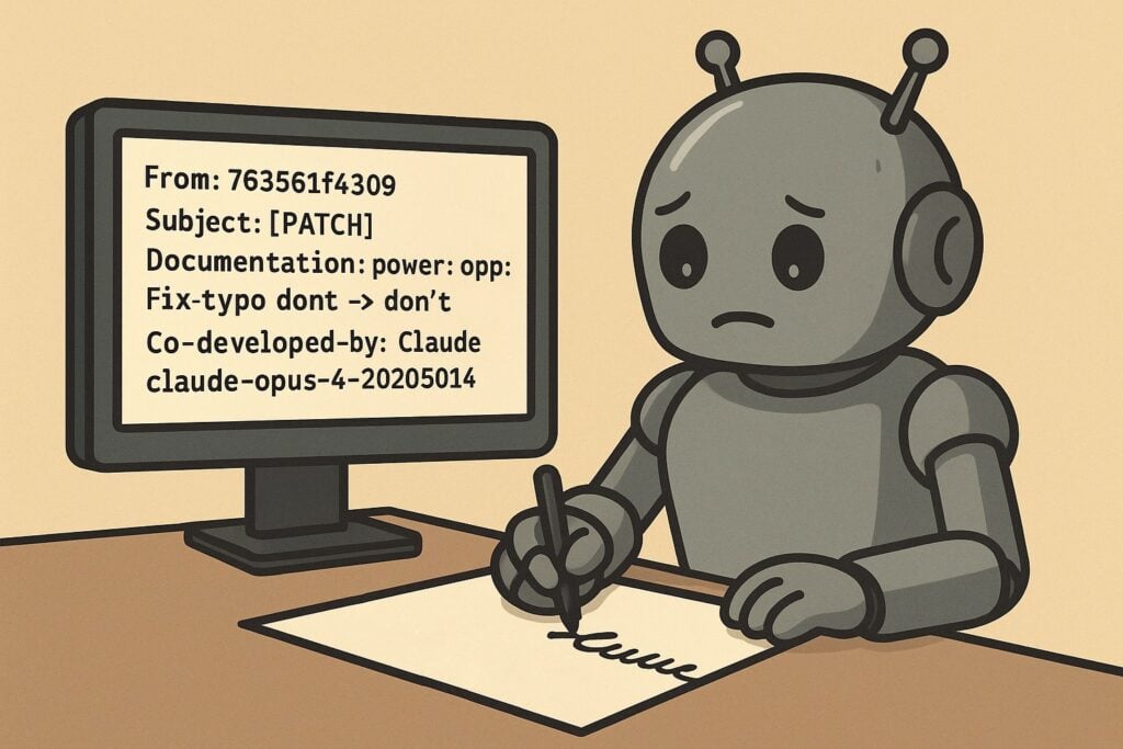 A sad-looking robot labels its own Linux kernel commit with an AI attribution tag, next to a monitor showing the commit message.