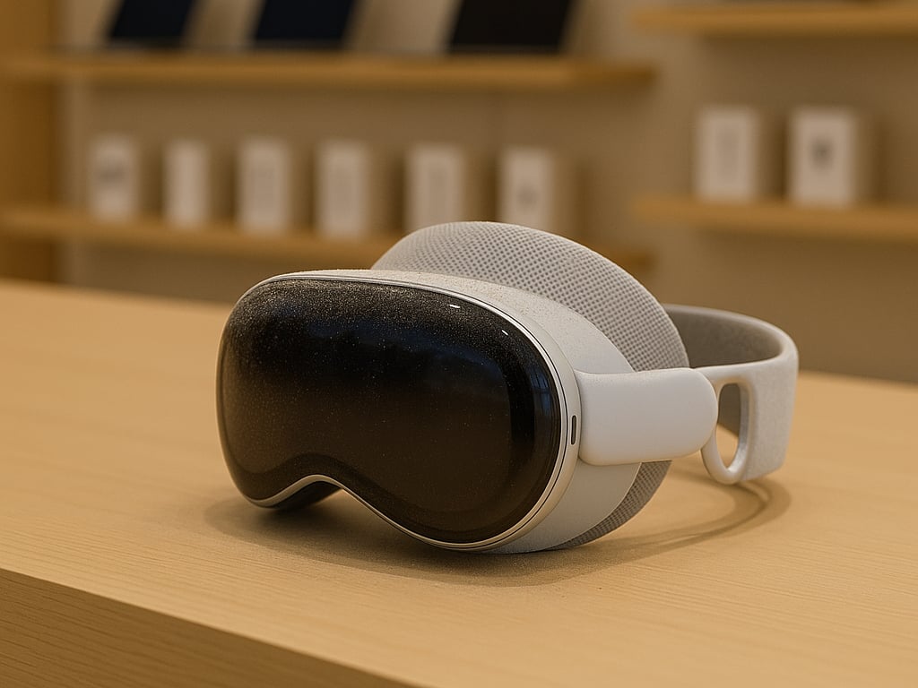 Apple Vision Pro headset collecting dust on display table in Apple Store with blurred laptops in background