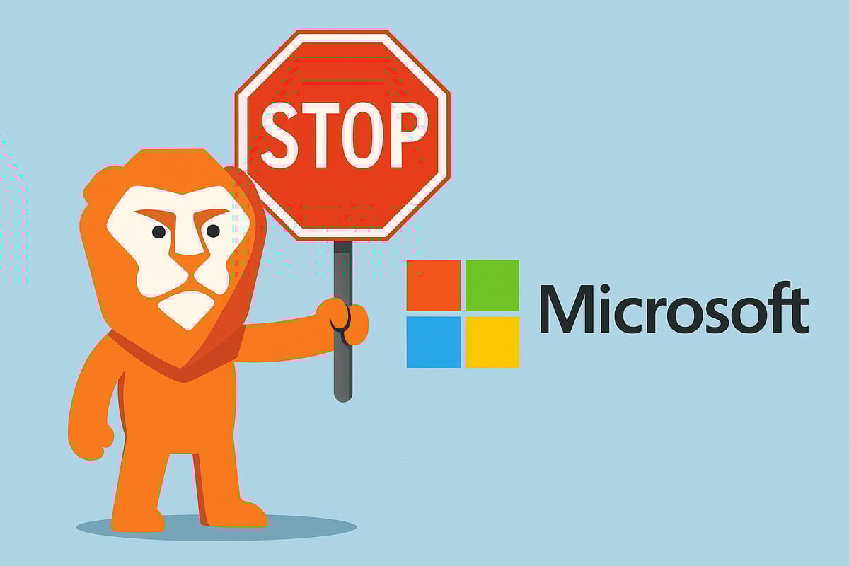 Brave browser lion mascot holding a stop sign in front of the Microsoft logo on a blue background.