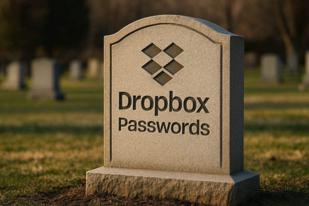 Tombstone engraved with Dropbox Passwords logo in a cemetery at sunset
