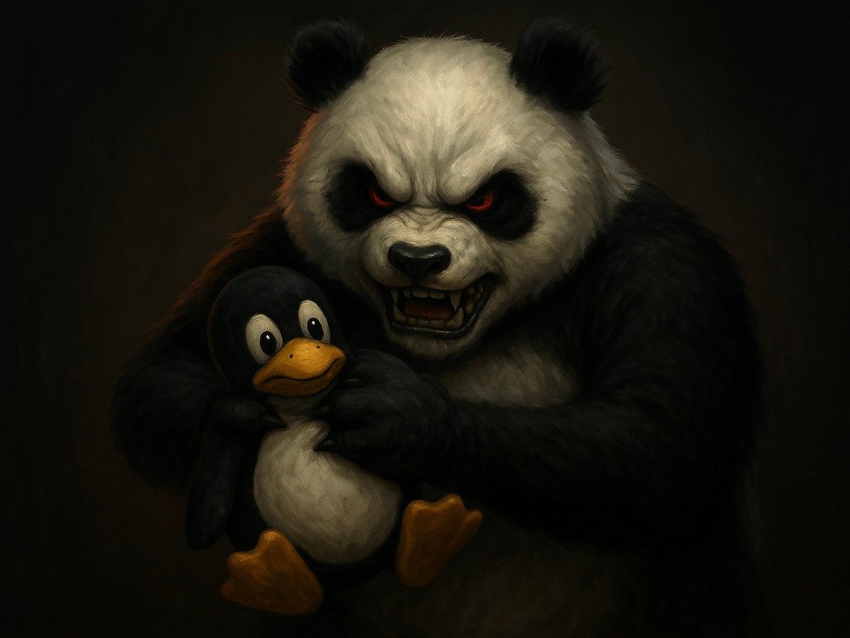 evil panda strangles linux penguin