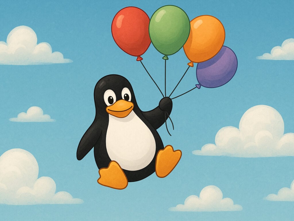 Tux the Linux penguin floating in the sky holding colorful helium balloons
