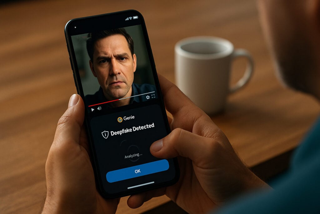 Person using Norton Genie to scan a suspicious YouTube video for deepfake detection on a smartphone