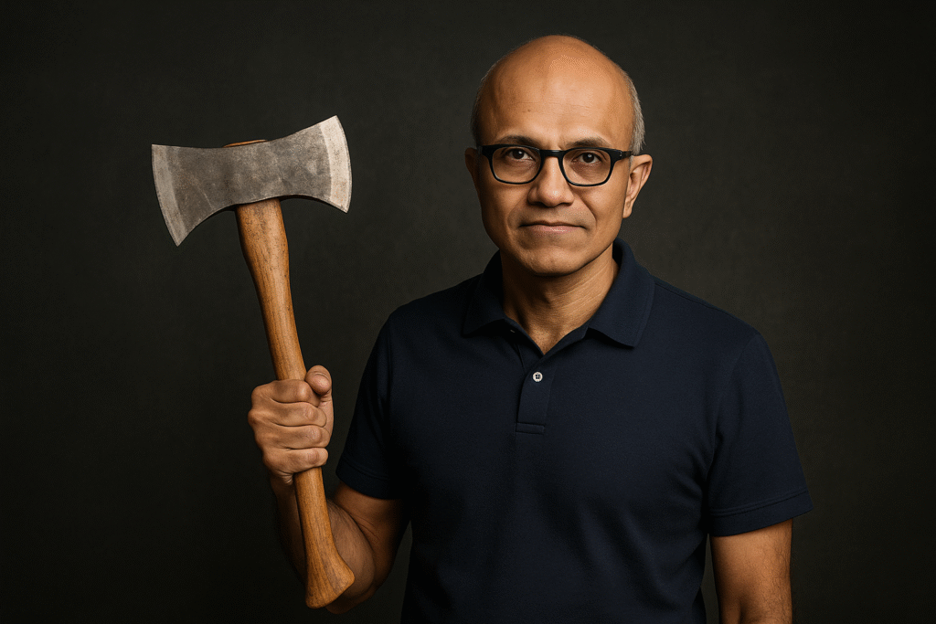 Satya Nadella holding an axe, symbolizing Microsoft’s job cuts during its AI transformation in 2025