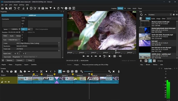 Shotcut 25.07 timeline with new audio and video features on Linux