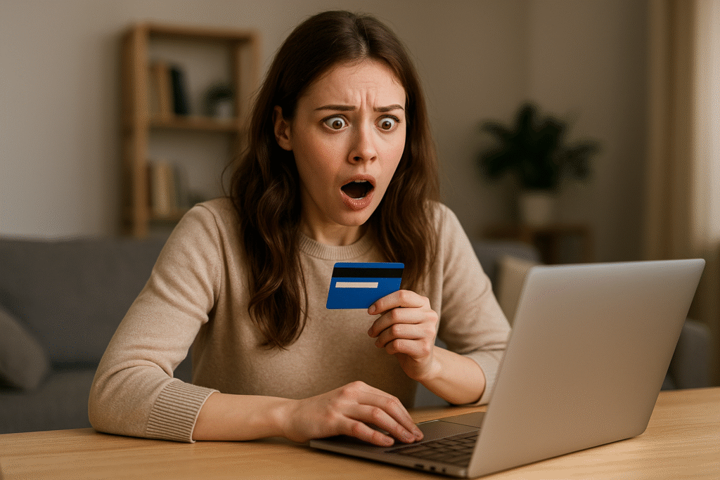 A shocked young woman holds a blue credit card while looking at her laptop, reacting to a possible online shopping scam.