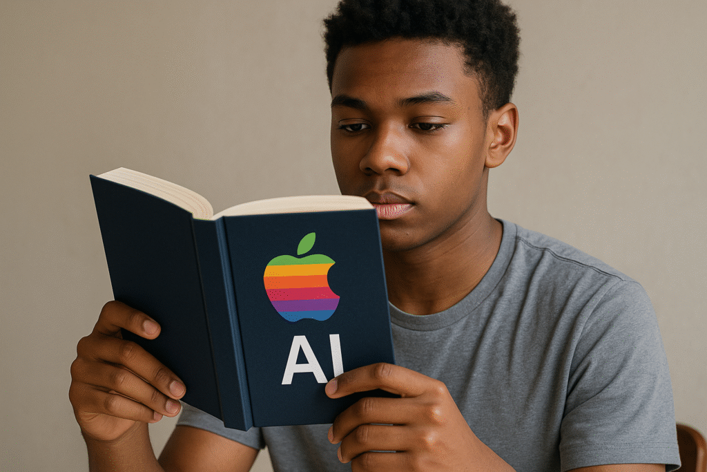 A 20-year-old African American man reading a book about AI with the Apple logo on the cover.