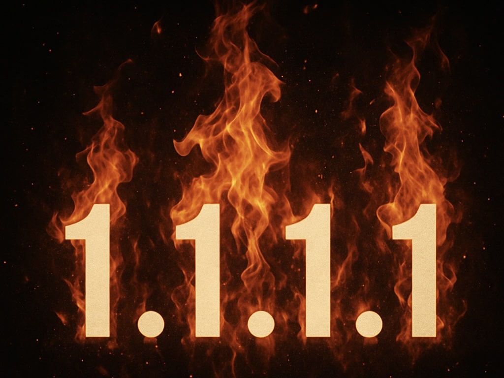 A digital image depicts the IP address 1.1.1.1 enveloped in flames