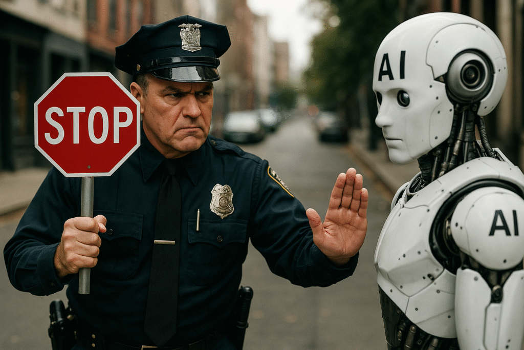 Realistic image of a stern police officer holding a stop sign to block a humanoid AI robot on a city street.