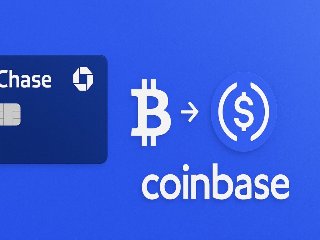 Chase credit card and Coinbase logo with Bitcoin and USDC symbols in between, all on a wide blue background
