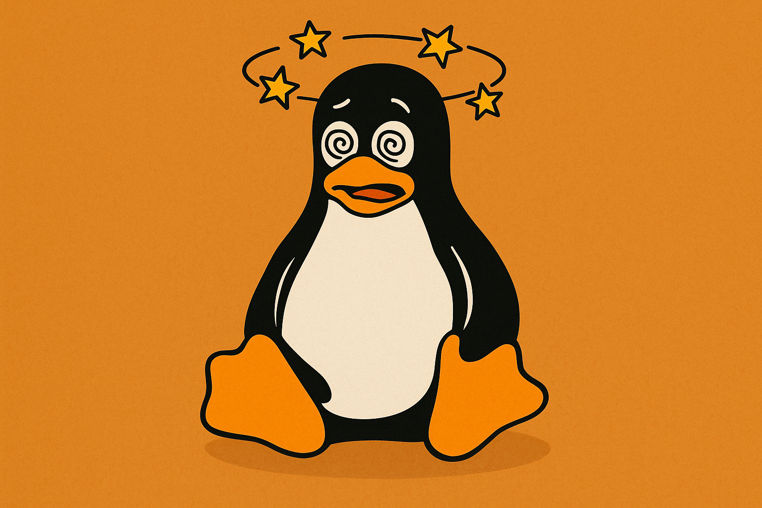 A dizzy-looking Linux penguin with swirling eyes and stars above its head on an orange background