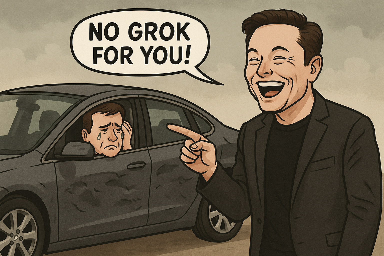 tesla grok denial cartoon elon laughing driver crying