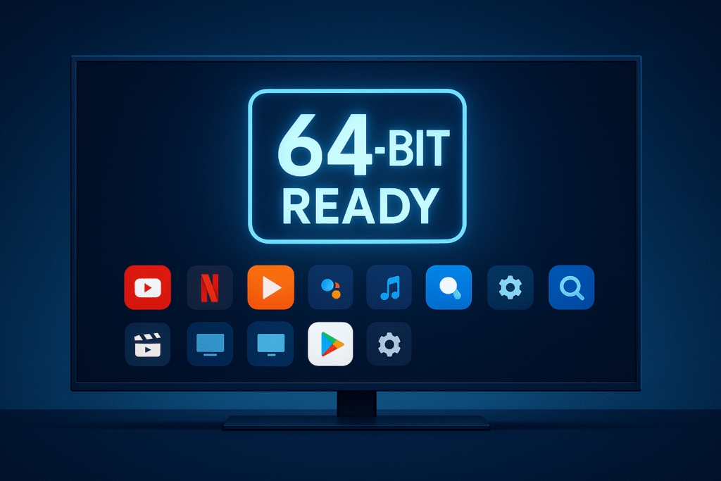 A modern smart TV with a glowing futuristic interface showing 64-bit ready icons and apps.