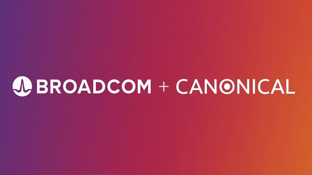 Broadcom and Canonical logos shown side by side on a gradient background, symbolizing their Linux cloud partnership
