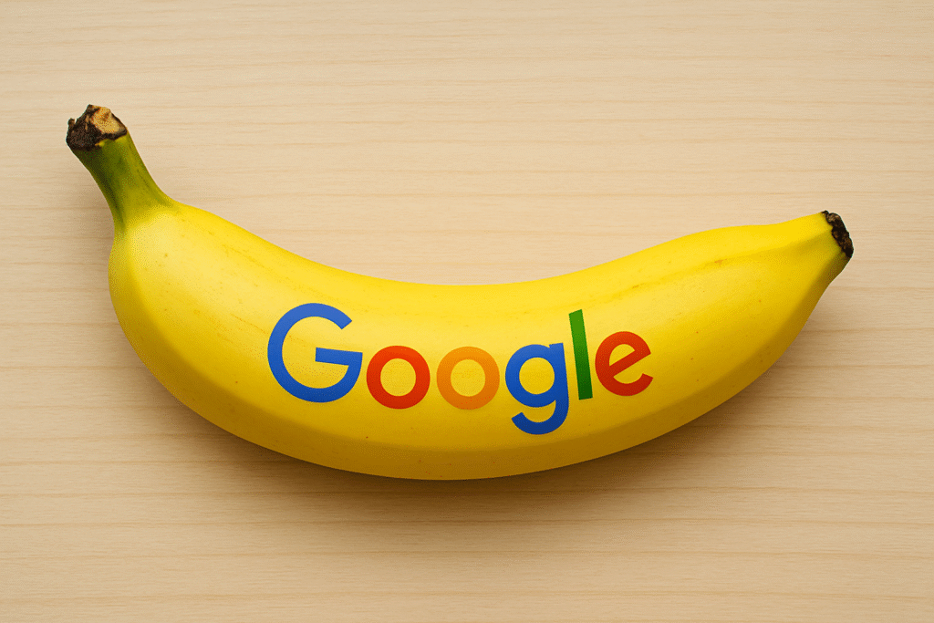 A ripe yellow banana with the Google logo printed on its peel, placed on a light wooden surface.