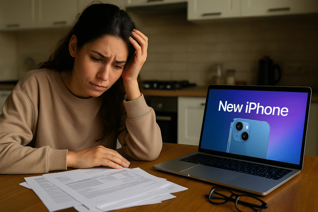 Young renter stressed at kitchen table with bills, while a laptop shows an ad for a new iPhone, highlighting conflict between housing costs and tech spending