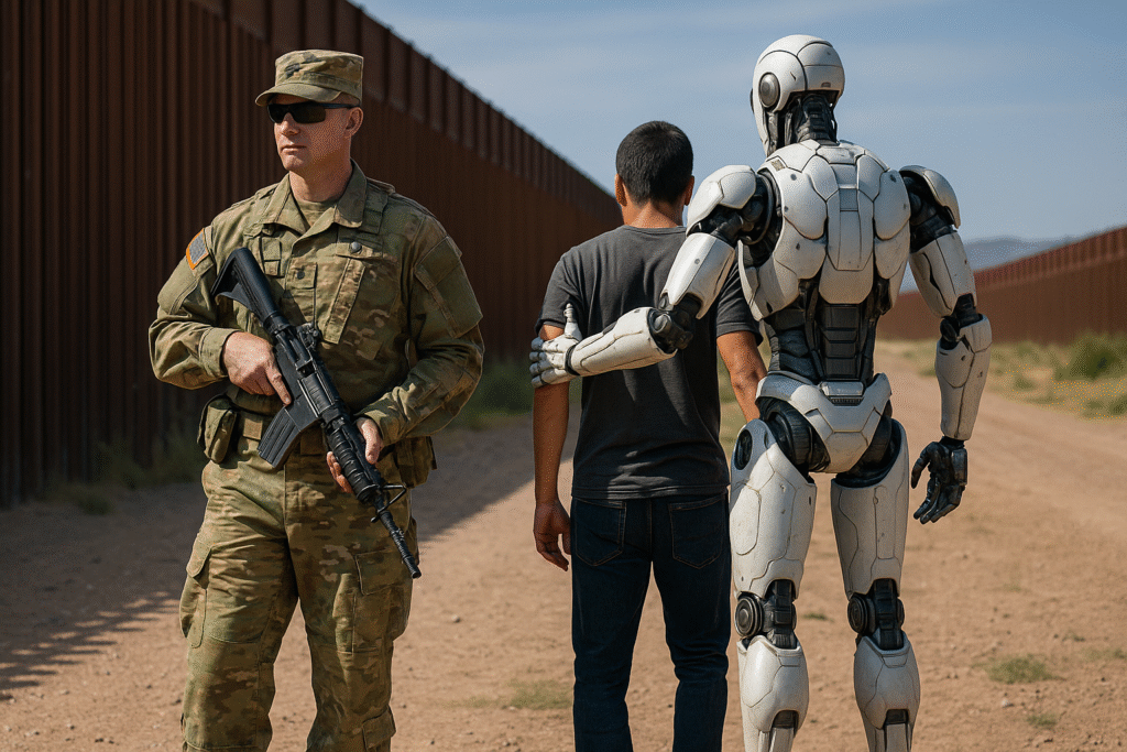 U.S. Army soldier and humanoid robot patrolling a desert border fence together