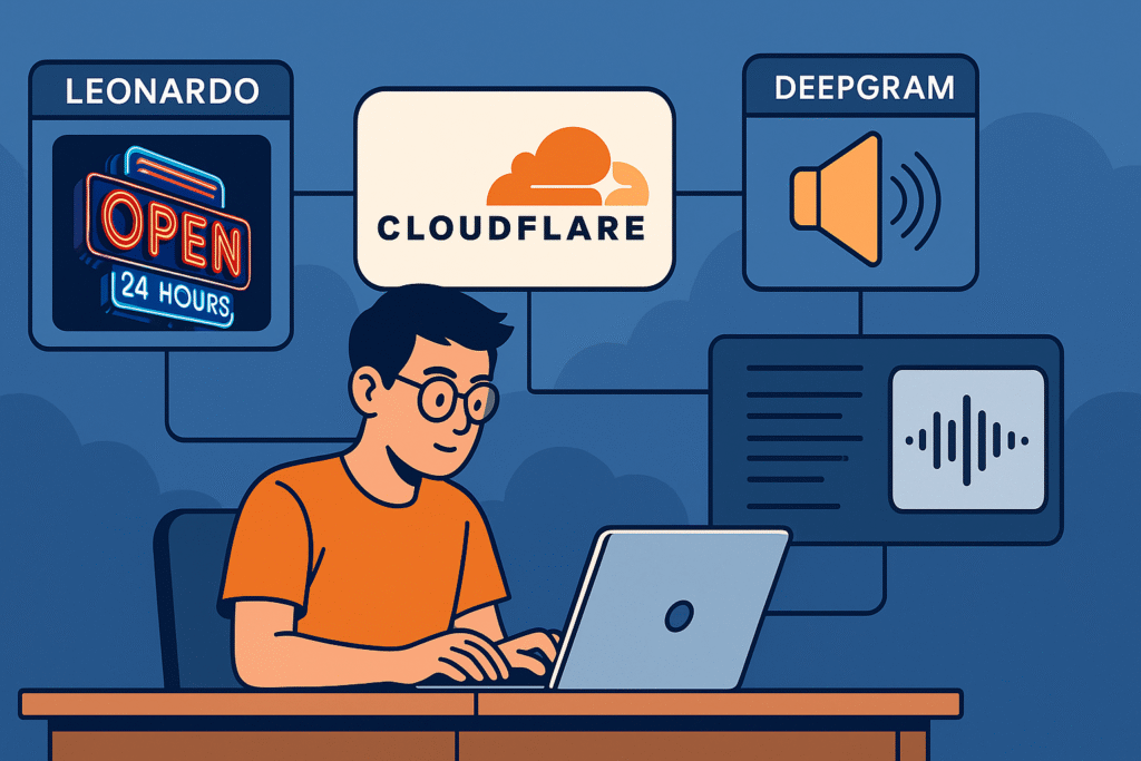Illustration of a developer using Cloudflare Workers AI with Leonardo image generation and Deepgram voice models.
