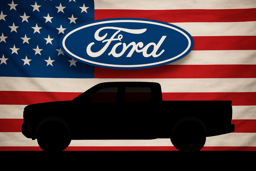 Silhouette of a pickup truck in front of the American flag with the Ford logo.