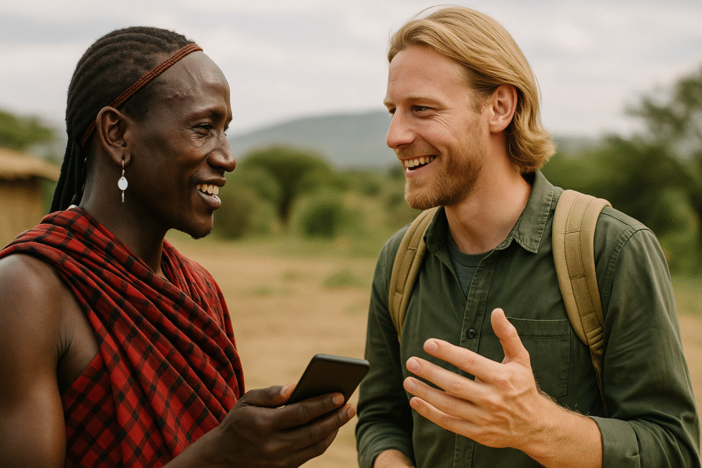 An African tribesman and a blonde Swedish traveler smiling outdoors while clearly holding a smartphone together
