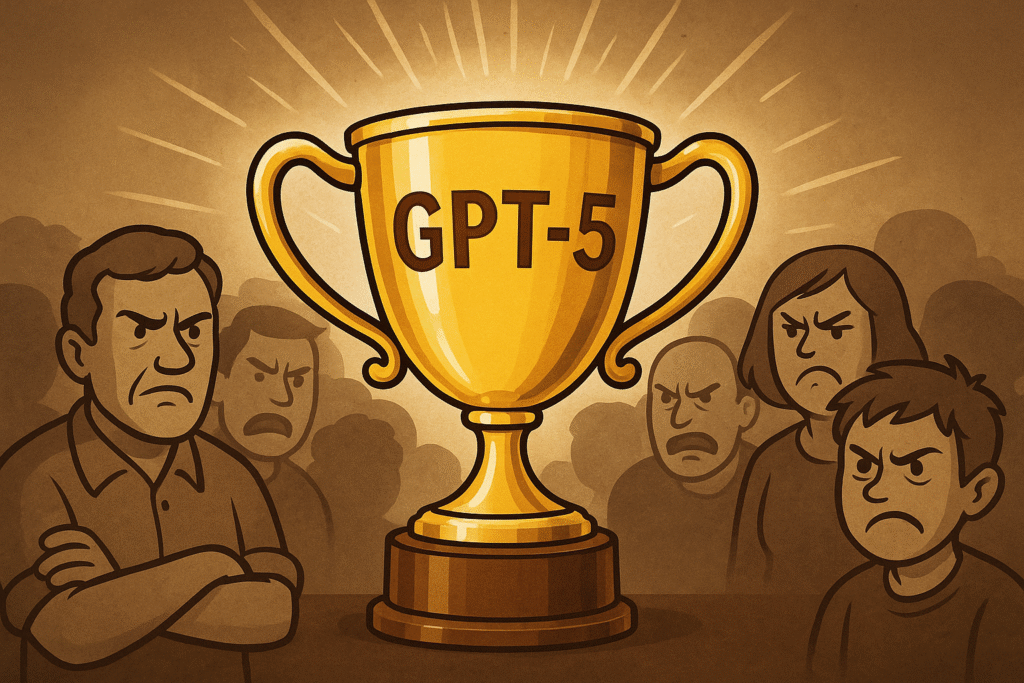 A large golden GPT-5 trophy surrounded by cartoon figures with angry expressions, set against a vintage-toned background.