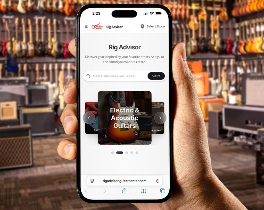 Musician using Rig Advisor AI tool inside a Guitar Center store
