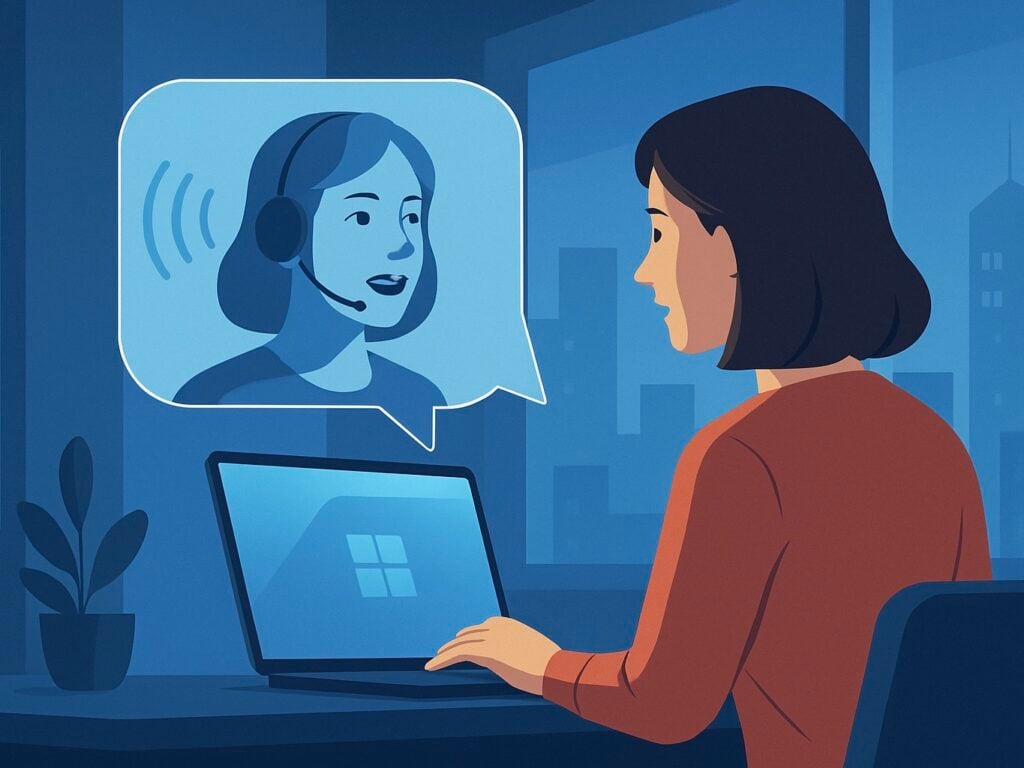 Illustration of a woman using a laptop with a virtual AI assistant speaking through the screen, symbolizing Microsoft’s MAI-Voice-1 speech model and AI technology.