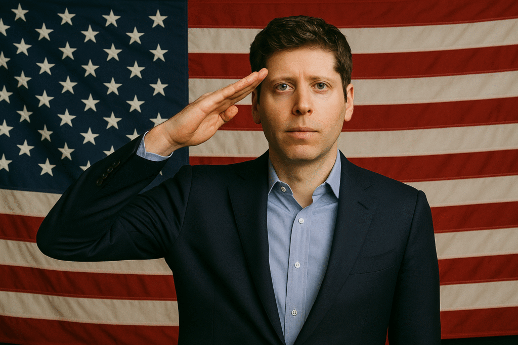 Sam Altman saluting in front of an American flag while wearing a navy suit