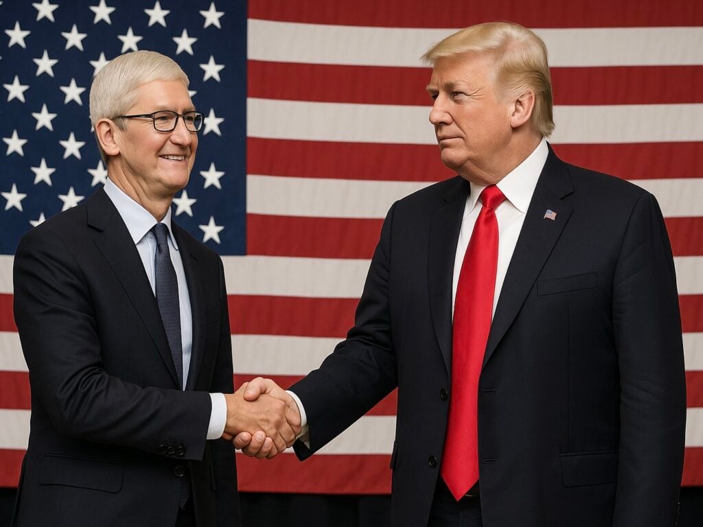 Tim Cook and President Donald Trump shake hands in front of the American flag to celebrate Apple’s U.S. manufacturing expansion.