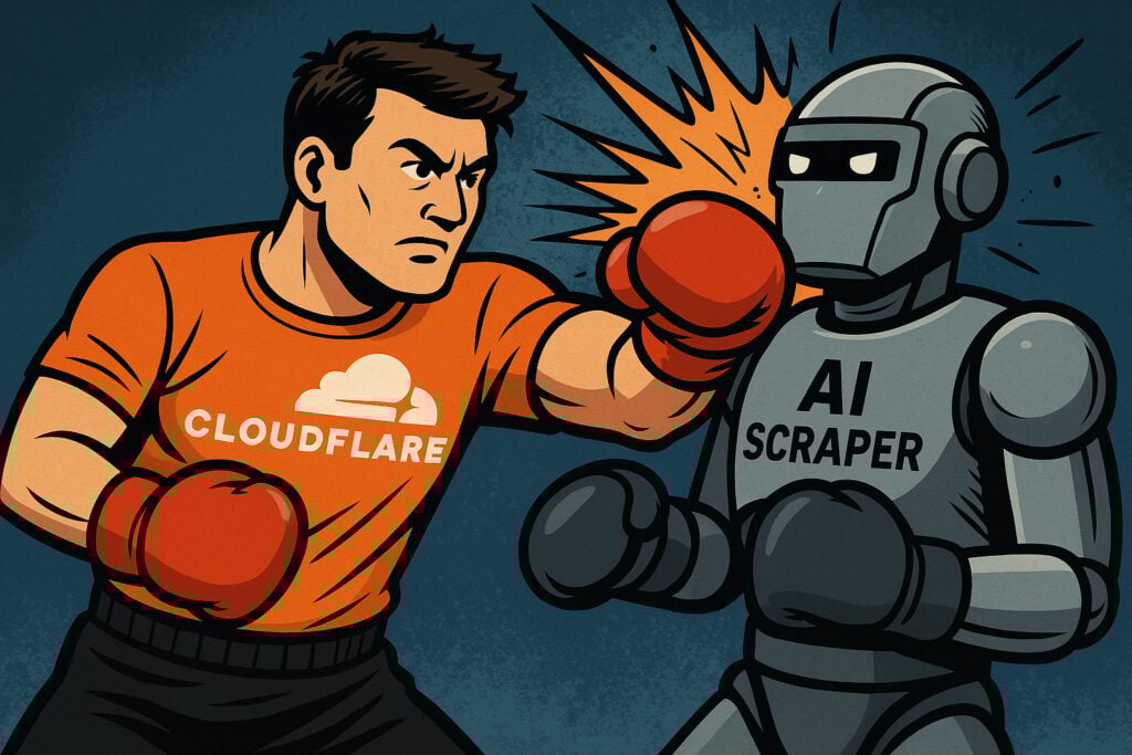 Illustration of a boxer in a Cloudflare shirt punching a robot labeled AI Scraper, symbolizing Cloudflare fighting AI crawlers.